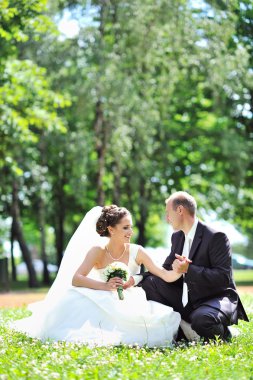 Gelin ve damat bir parkta - dikey tasarlamak yansıma oturan