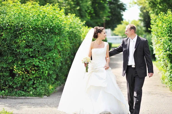 Bride and groom walking together — Stock Photo, Image