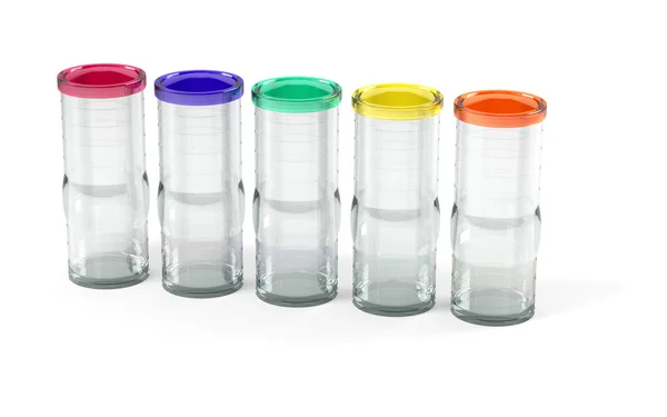 Um conjunto de frascos de vidro com tampas modelo 3d — Fotografia de Stock