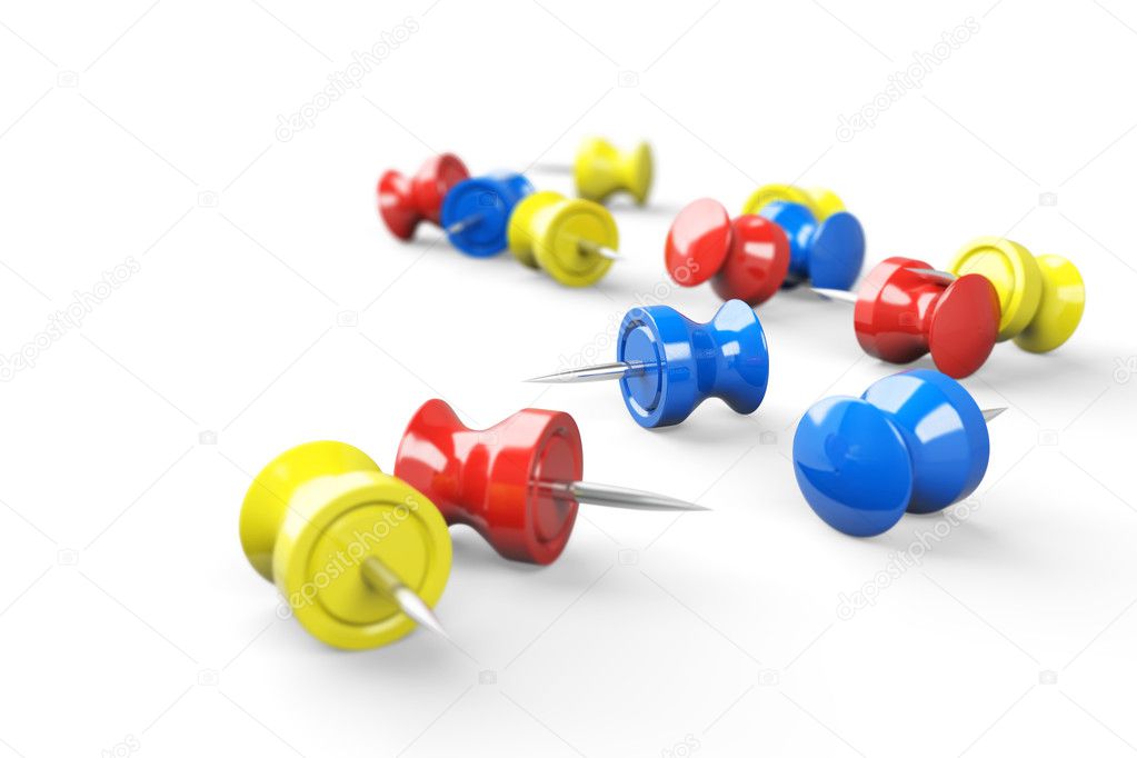 Scattered colorful pushpins isolated 3d models