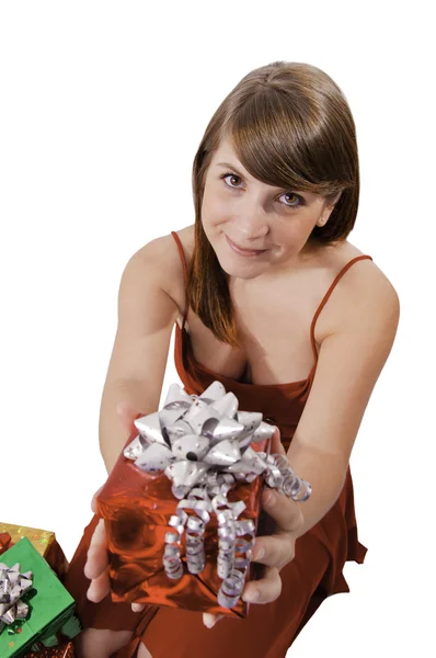 Жінка з різдвяними подарунками — стокове фото
