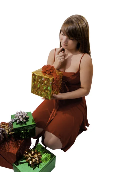 Nő karácsonyi ajándékokkal — Stock Fotó