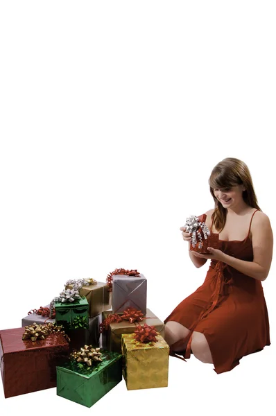 Kvinna med julklappar — Stockfoto