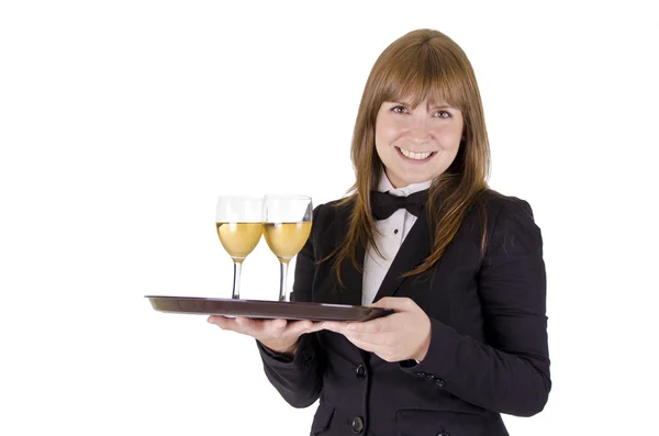 Camarera con una bandeja de gafas de vino —  Fotos de Stock