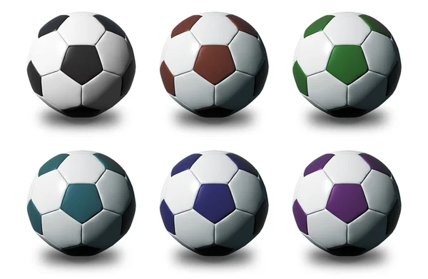 Bolas de fútbol 3D coloridas aisladas sobre fondo blanco — Foto de Stock