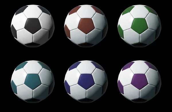 Palloni da calcio 3D colorati isolati su sfondo nero — Foto Stock