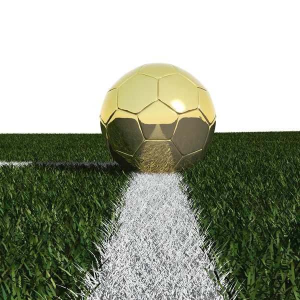 Ballon de soccer doré dans l'herbe isolé sur blanc — Photo