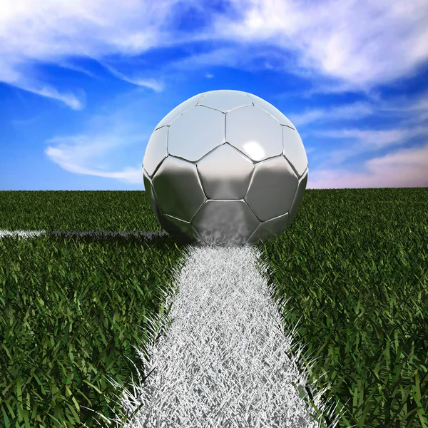 Stříbrný fotbalový míč v trávě — Stock fotografie