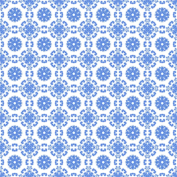 シームレスな青い & 白いダマスク織円形浮彫りパターン — ストック写真