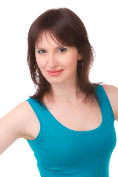 Porträt einer schönen Frau in einem blauen Kleid auf weißem Hintergrund. — Stockfoto
