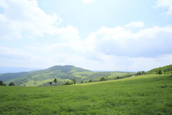 stock image Green field and blue sky ( The Sodeyama highlands )