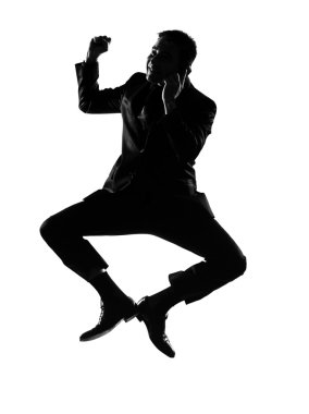 Silhouette man winner on the phone jumping clipart