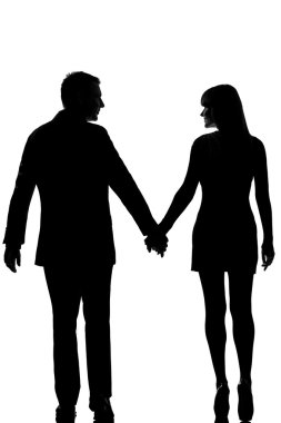 Rear view one lovers couple man and woman walking hand in hand clipart