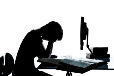 One caucasian young teenager silhouette boy or girl studying with computer computing laptop clipart