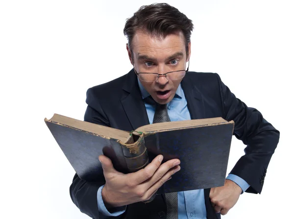 Man professsor teacher teaching reading ancient book — Stock Photo, Image
