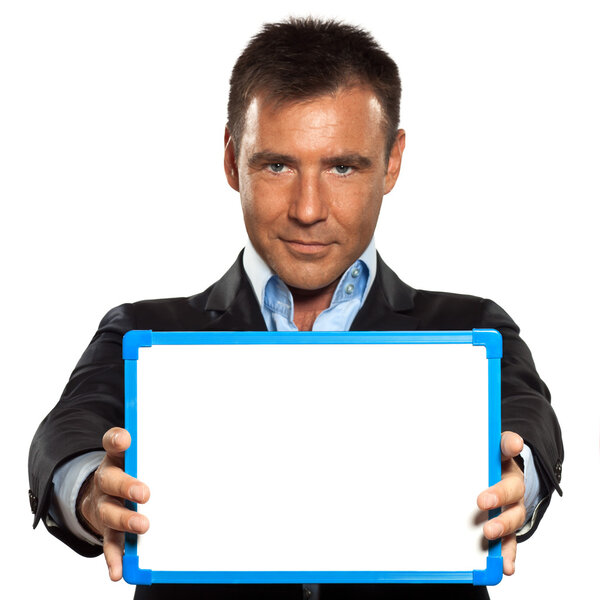One caucasian business man holding showing whiteboard in studio isolated on white background