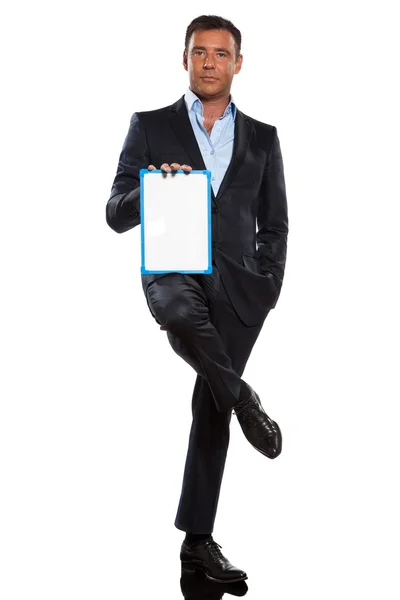 Jeden obchodní muž držící zobrazeno tabule plné délce — Stock fotografie
