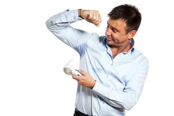One man sweat stain perspire drying shirt — Stock Photo, Image