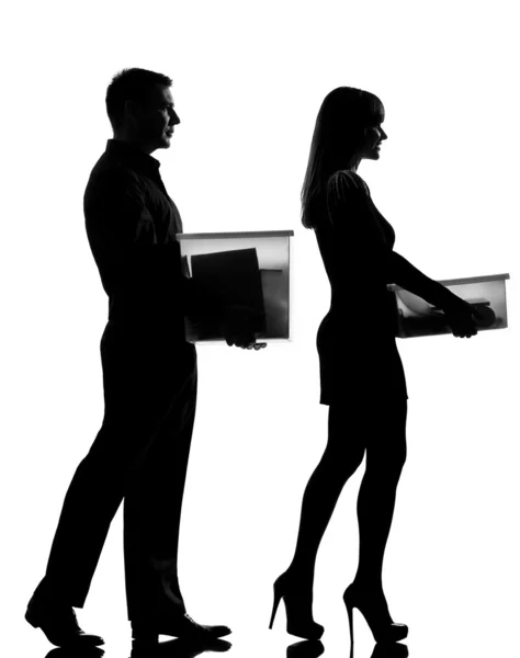 One couple man and woman walking carrying boxes happy — Stock Photo, Image