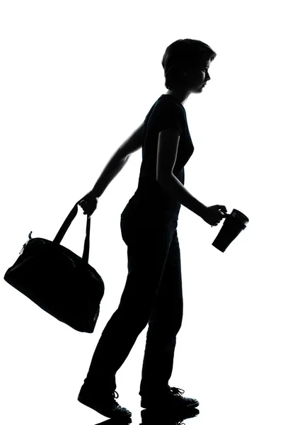 One young teenager school girl walking silhouette — Stock Photo, Image