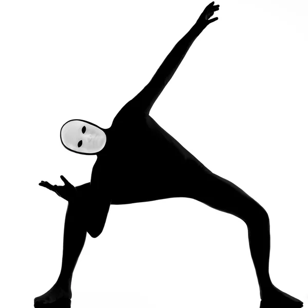 Performer mime met masker stretching flexibiliteit — Stockfoto