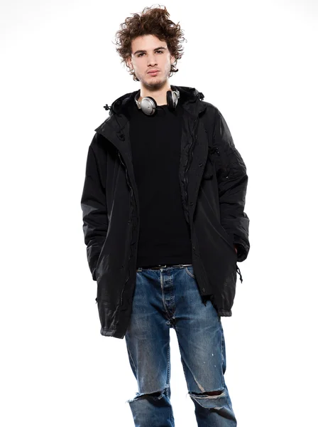 Youg man with parka and heaphones serious — Stock Photo, Image