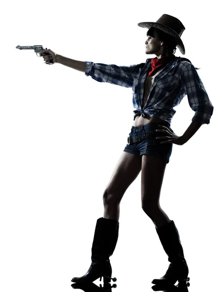 Woman cowgirl shooting gun revolver — Stock Photo, Image