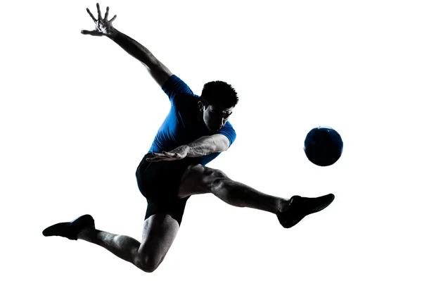 Homem jogador de futebol de futebol voando chutando — Fotografia de Stock