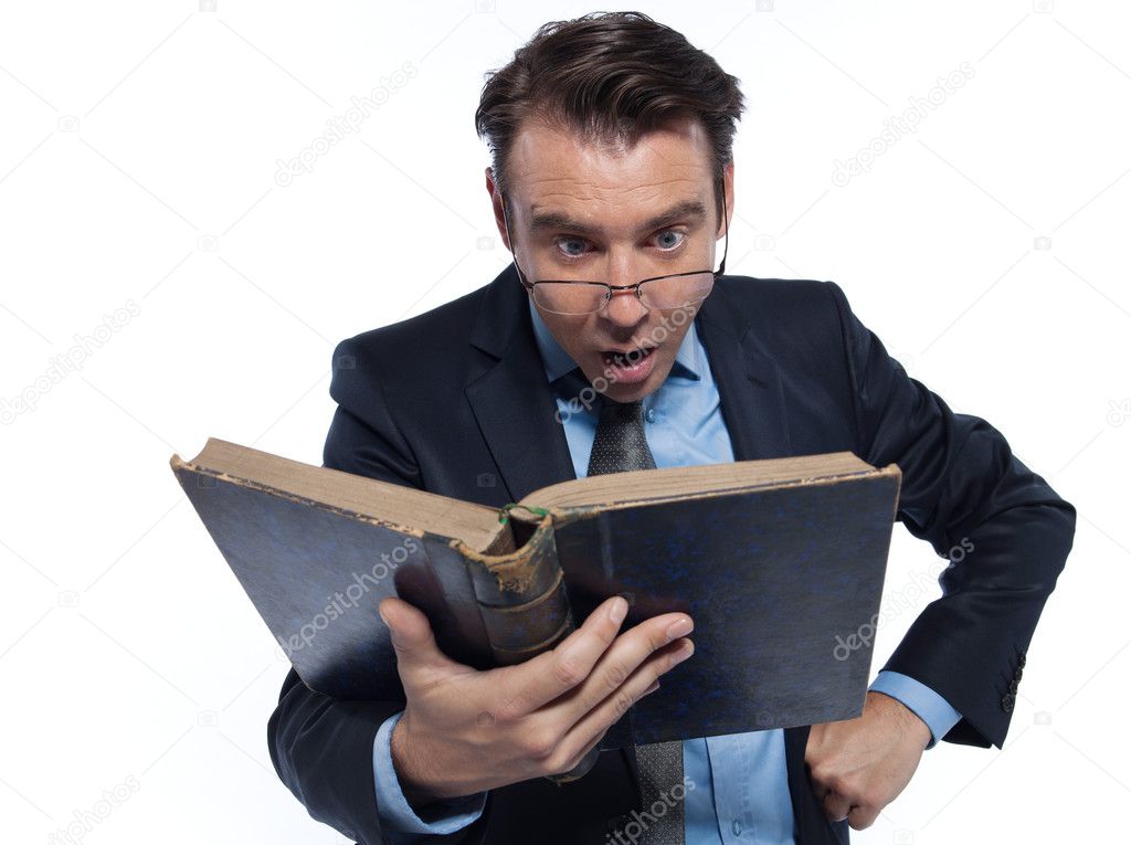 Man professsor teacher teaching reading ancient book