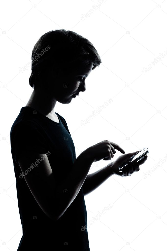 One caucasian young teenager silhouette boy or girl telephone videophone video game portrait in studio cut out isolated on white background