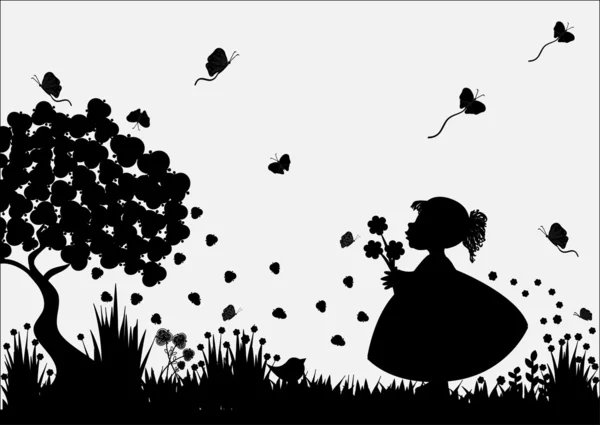 蝶と花を持つ少女 — ストックベクタ