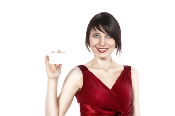 Ευτυχισμένη γυναίκα καυκάσιος με κενό επαγγελματική κάρτα — Φωτογραφία Αρχείου