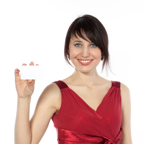 Happy caucasian woman with blank business card — Stock Photo, Image