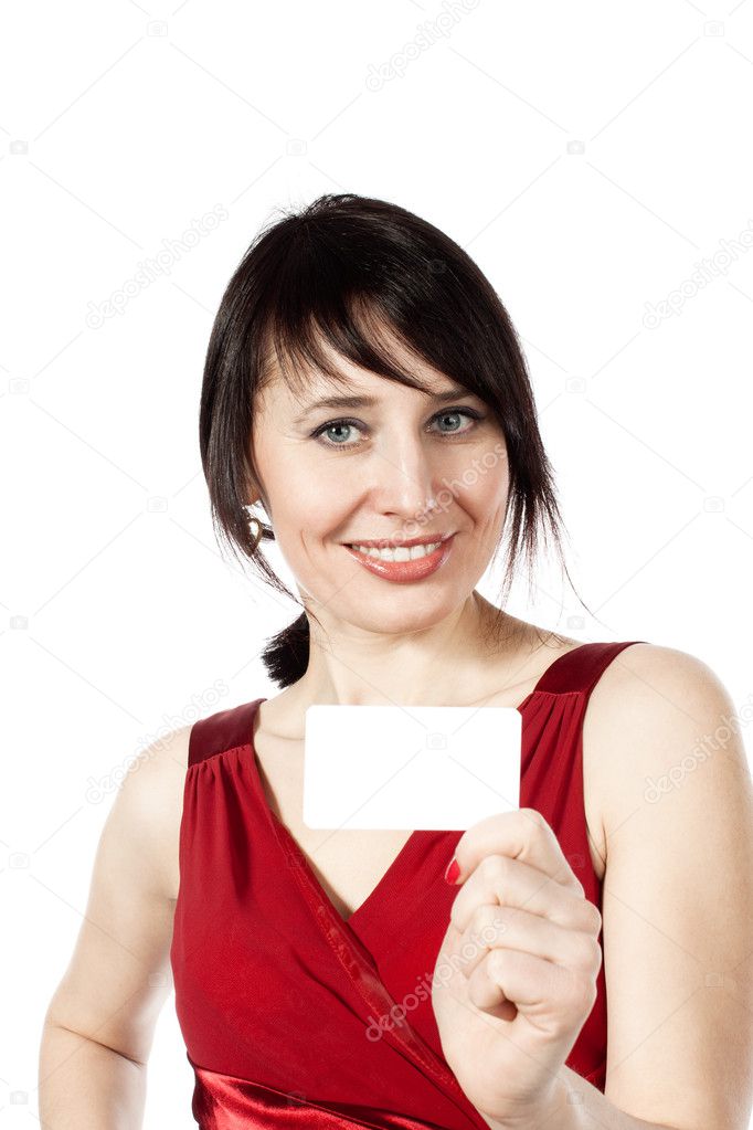 Cheerful caucasian woman with blank business card