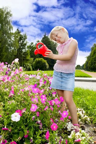 Dziewczyna podlewanie kwiaty — Zdjęcie stockowe