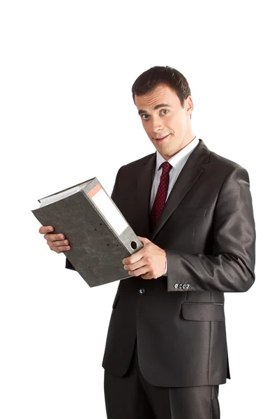 Hombre de negocios sonriente con carpeta gruesa —  Fotos de Stock