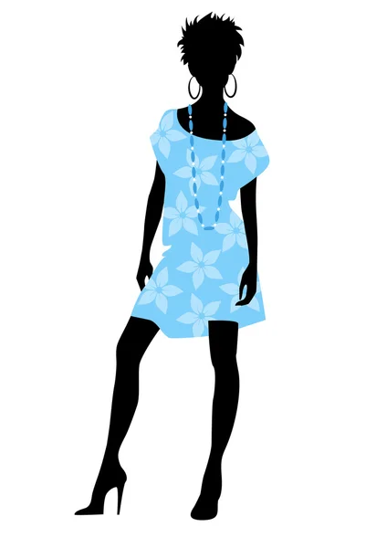 Gadis dalam gaun biru siluet - Stok Vektor