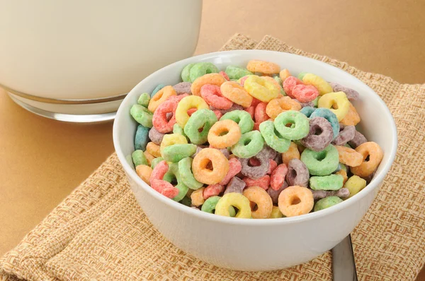 Bowl of fruit flavored cereal — Stock Photo, Image