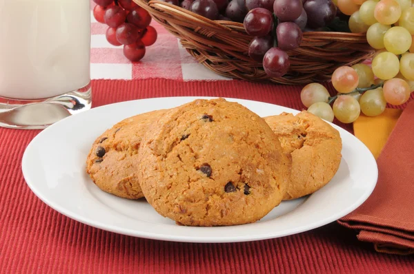 Čokoláda čip cookies s mlékem na piknikový stůl — Stock fotografie