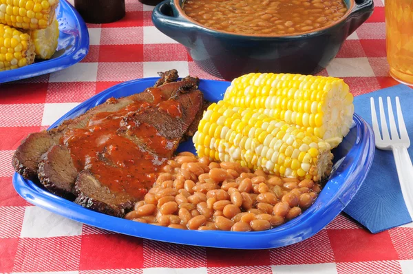 stock image Beef brisket with Boston baked beans