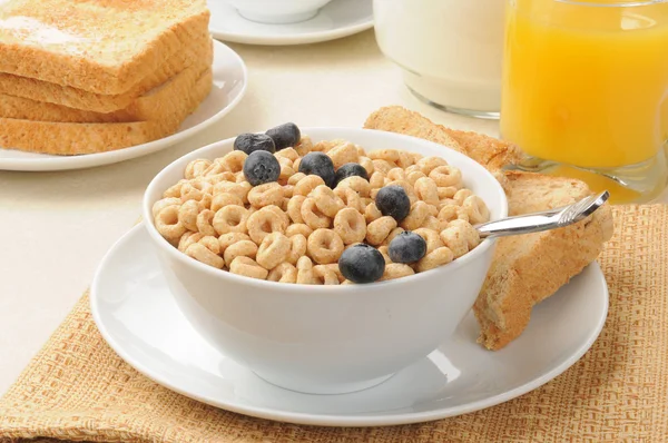 Breakfast cereal with blueberries and toast — Stock Photo, Image