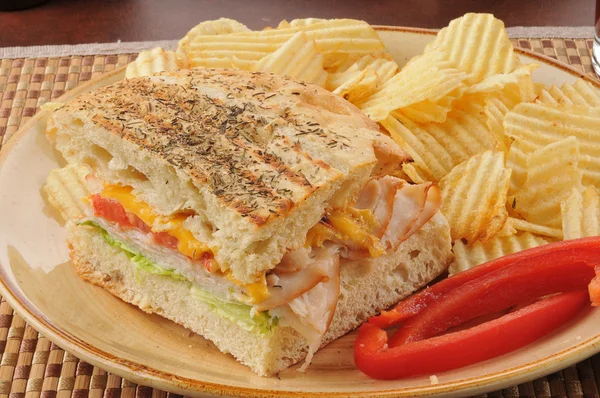 Turkiet, ost och tomat panini med potatis chips — Stockfoto