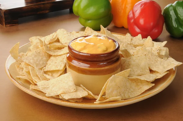 Tortilla chips with salsa con queso — Stock Photo, Image