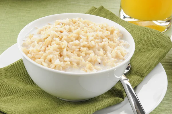 Schüssel mit braunem Reis mit Milch — Stockfoto