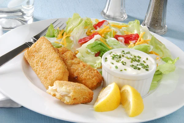 Breaded fish sticks and salad — Stock Photo, Image