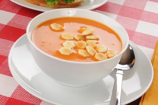 Tomatenkeks-Suppe mit Crackern — Stockfoto