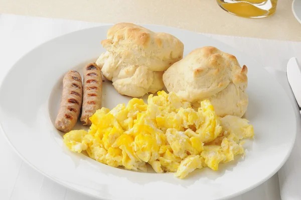 Biscuits with sausage and eggs — Stock Photo, Image