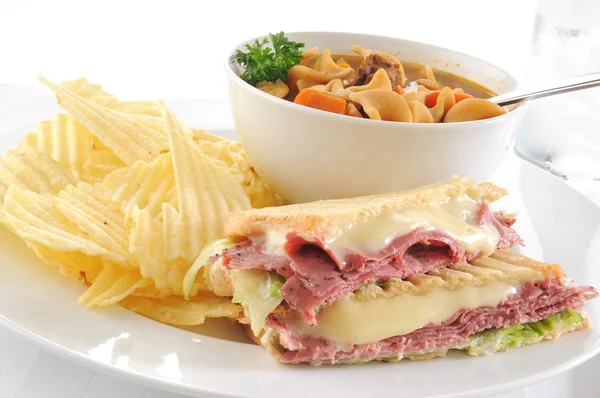 Pastrami sandwich with soup — Stock Photo, Image