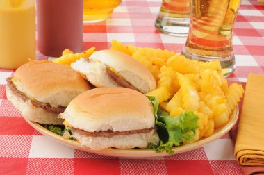 Sliders and beer with fries clipart