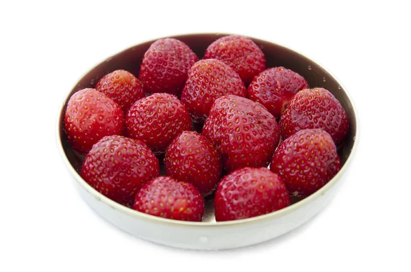 Bowl with fresh strawberries on white background — Stock Photo, Image